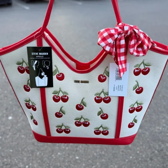 Steve Madden Cherry Red Gingham Scarf Bow Cream denim Tote Bag satchel Purse - Picture 5 of 9